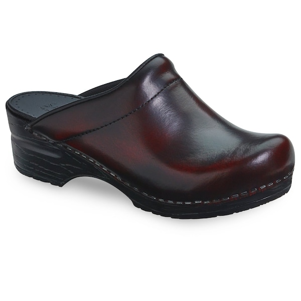 Women's Open Back Clog, Cabrio Leather Upper, Polyurethane Outsole, Bordeaux, Size 10.5-11 M